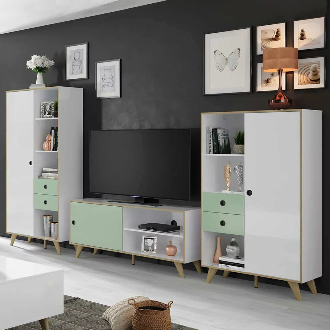 Skandi Design Wohnwand in Weiß und Mintgrün Hochglanz (dreiteilig) günstig online kaufen