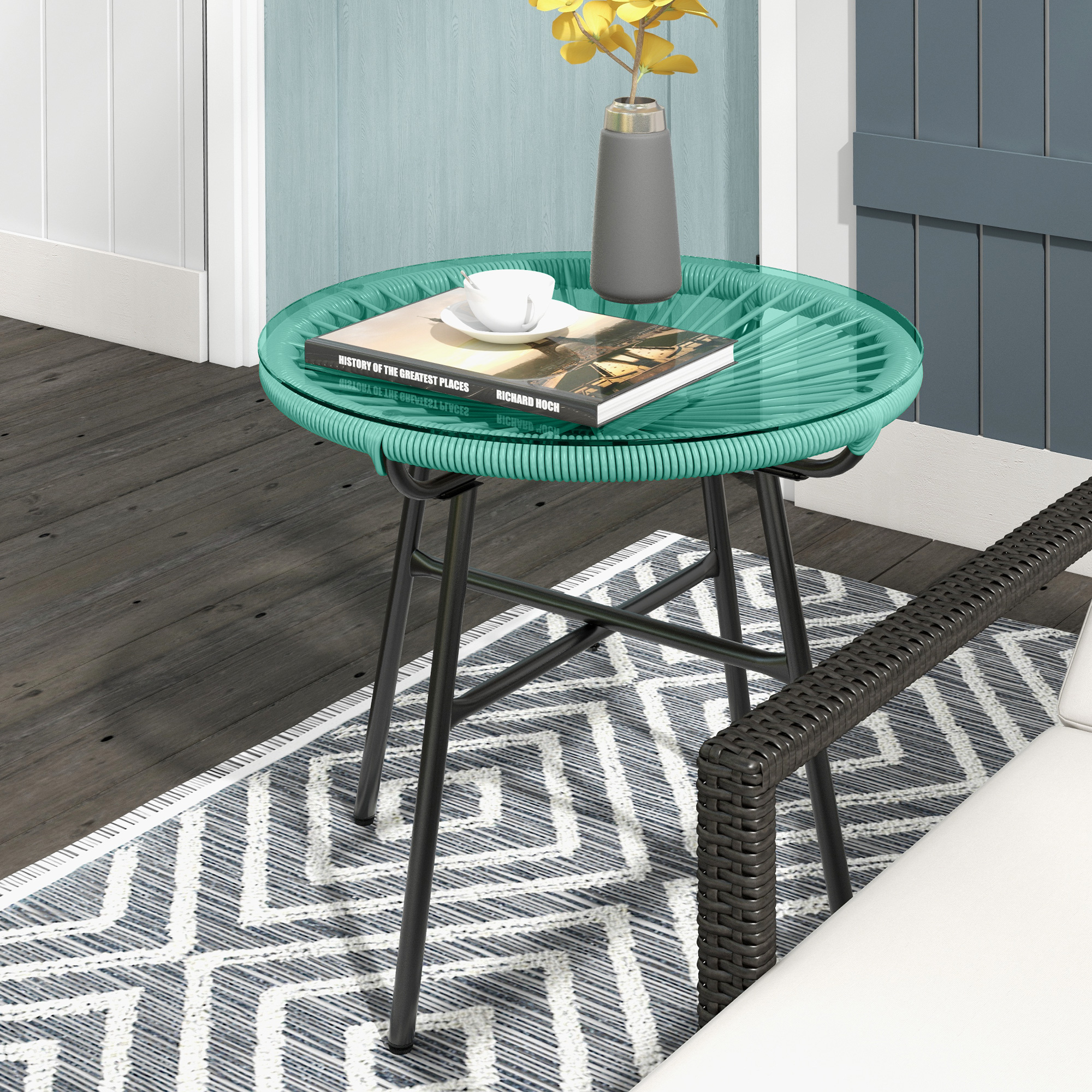 Outsunny Runder Gartentisch aus Rattanimitat mit Metallstruktur und gehärte günstig online kaufen