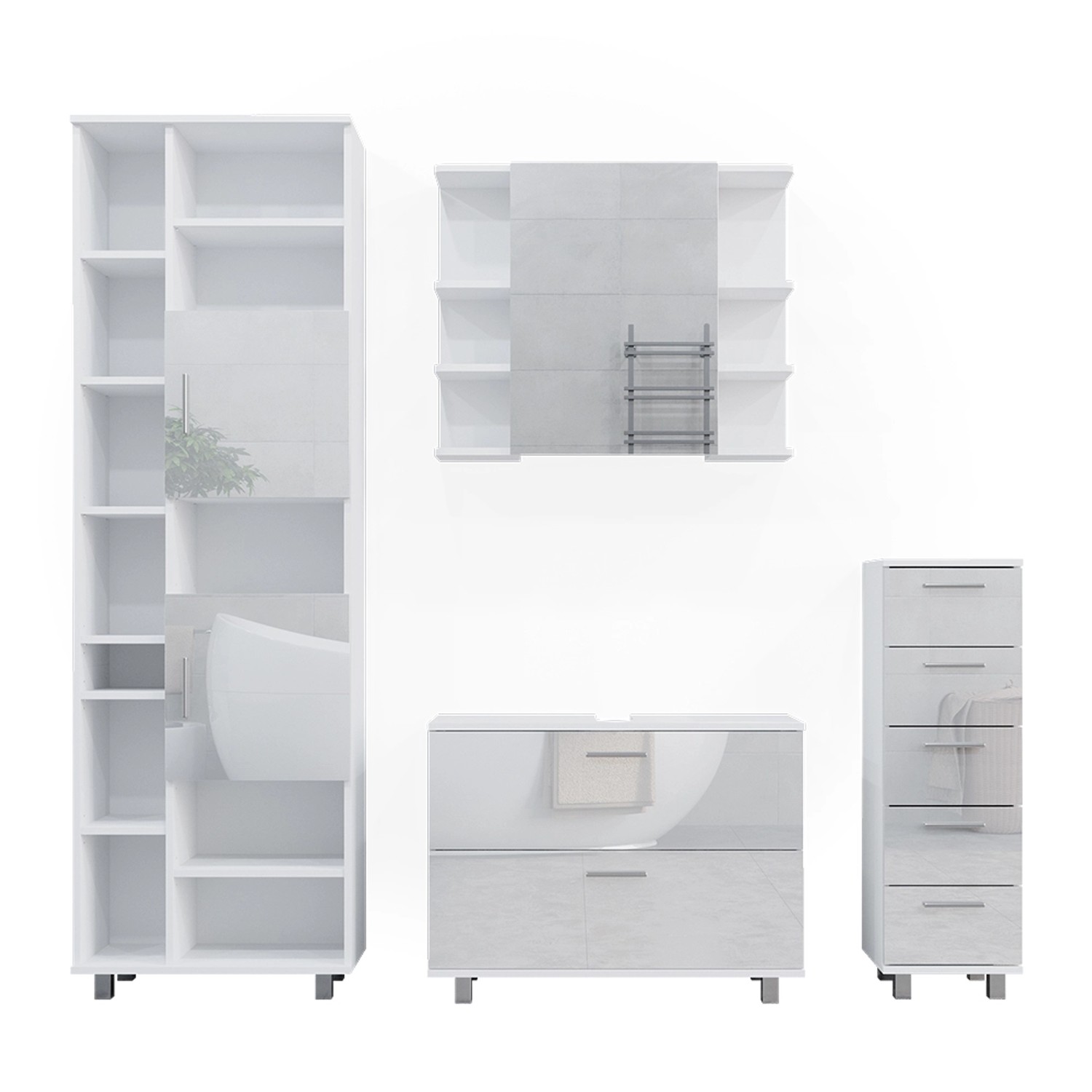 Vicco Badmöbel-Set Ilias Weiß Hochglanz 4 Teile mit Hochschrank günstig online kaufen