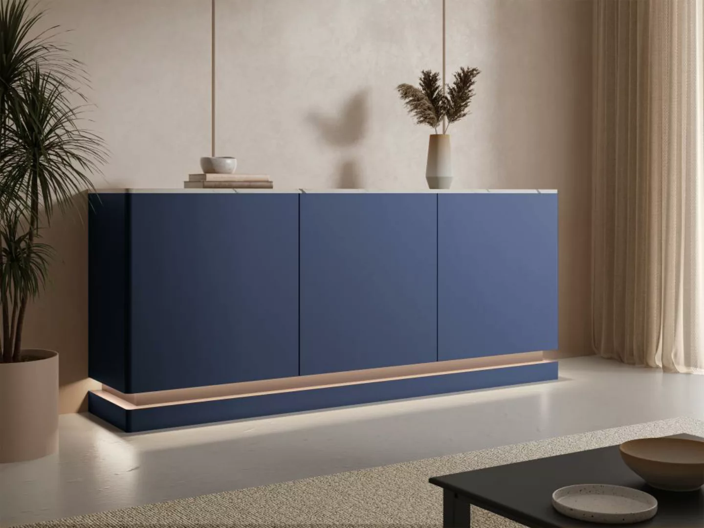 Sideboard mit 3 Türen - Mit LED-Beleuchtung - MDF - Blau & weiße Marmor-Opt günstig online kaufen