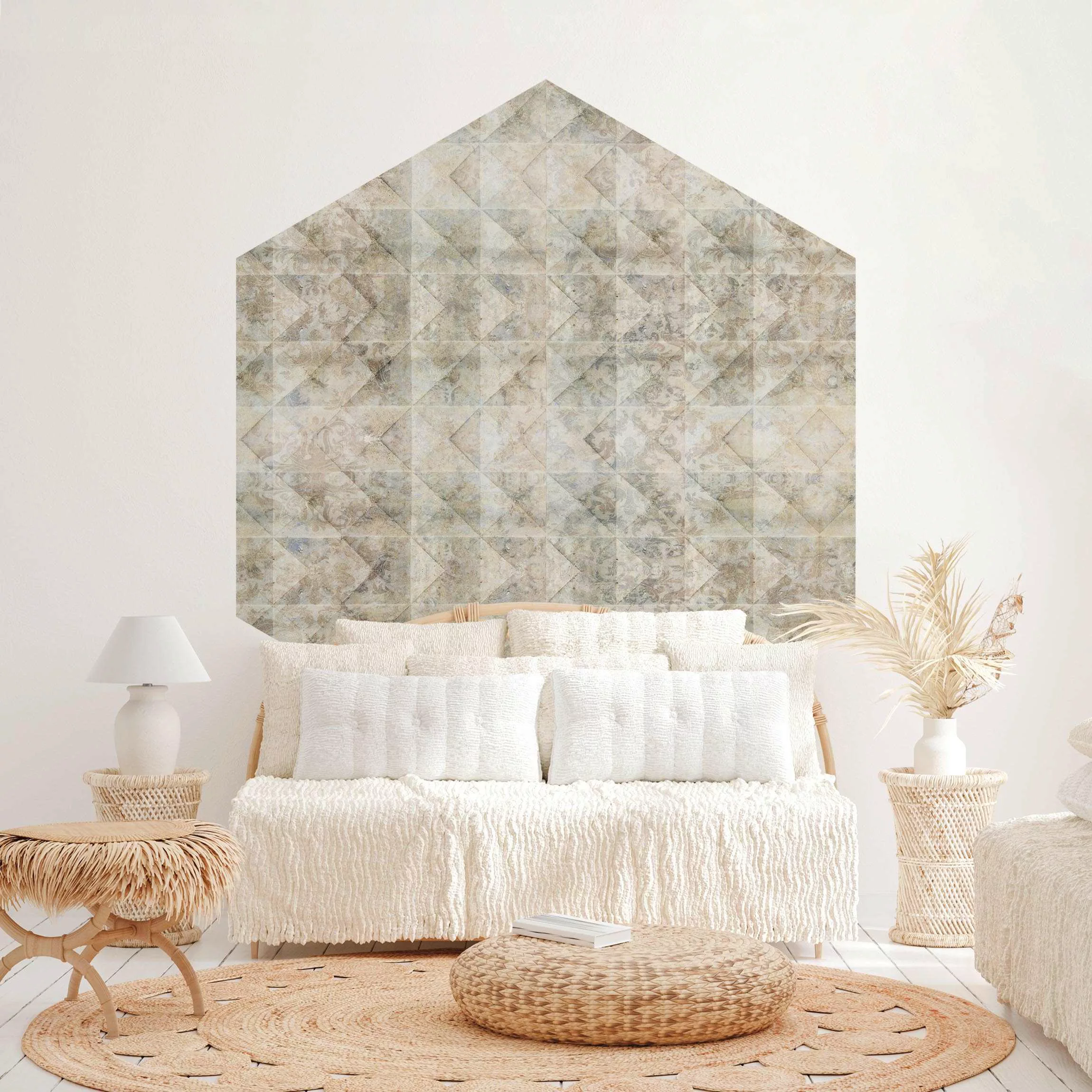 Hexagon Tapete selbstklebend Fliesen mit Vintage Ornamenten günstig online kaufen