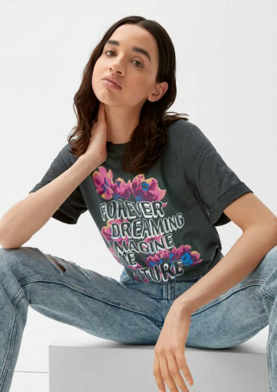QS Kurzarmshirt T-Shirt mit Frontprint Waschung günstig online kaufen
