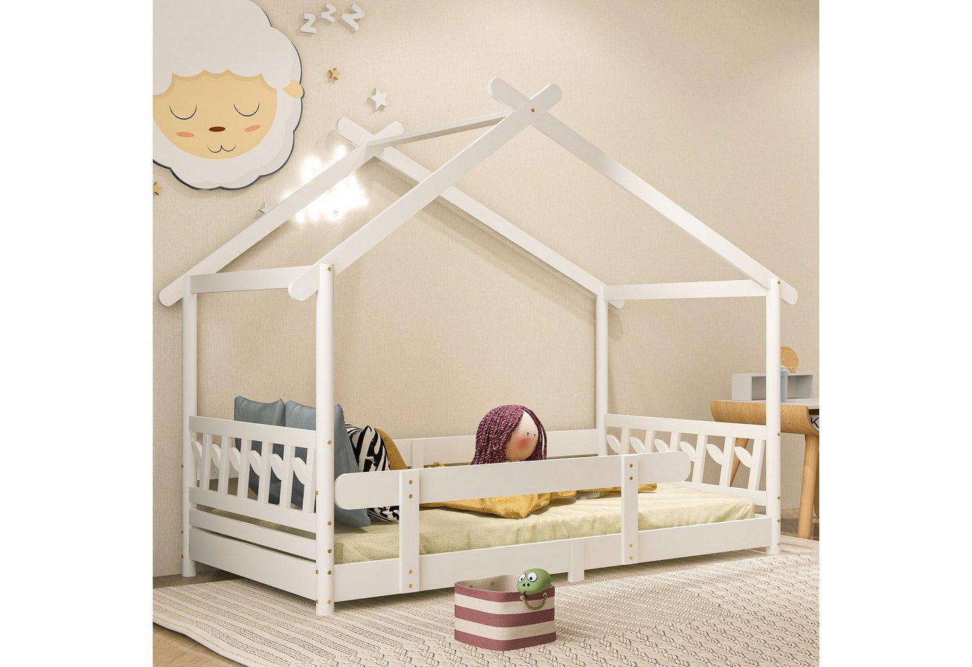 REDOM Kinderbett Hausbett Funktionsbett Holzbett mit Gitter und Lattenrost günstig online kaufen