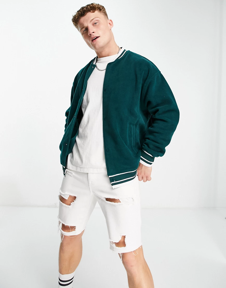 ASOS DESIGN – Oversize-Collegejacke aus Polarfleece in Tiefgrün günstig online kaufen