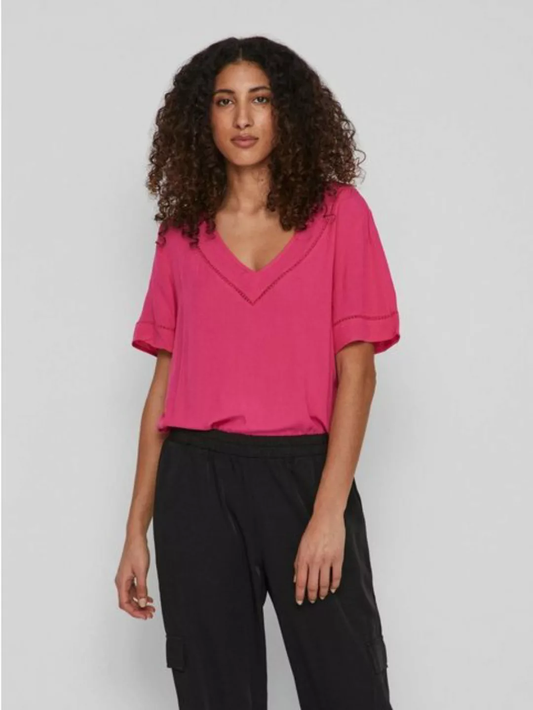 Vila T-Shirt V-Neck Top mit gestrickten Details VIMESA 5250 in Pink-2 günstig online kaufen