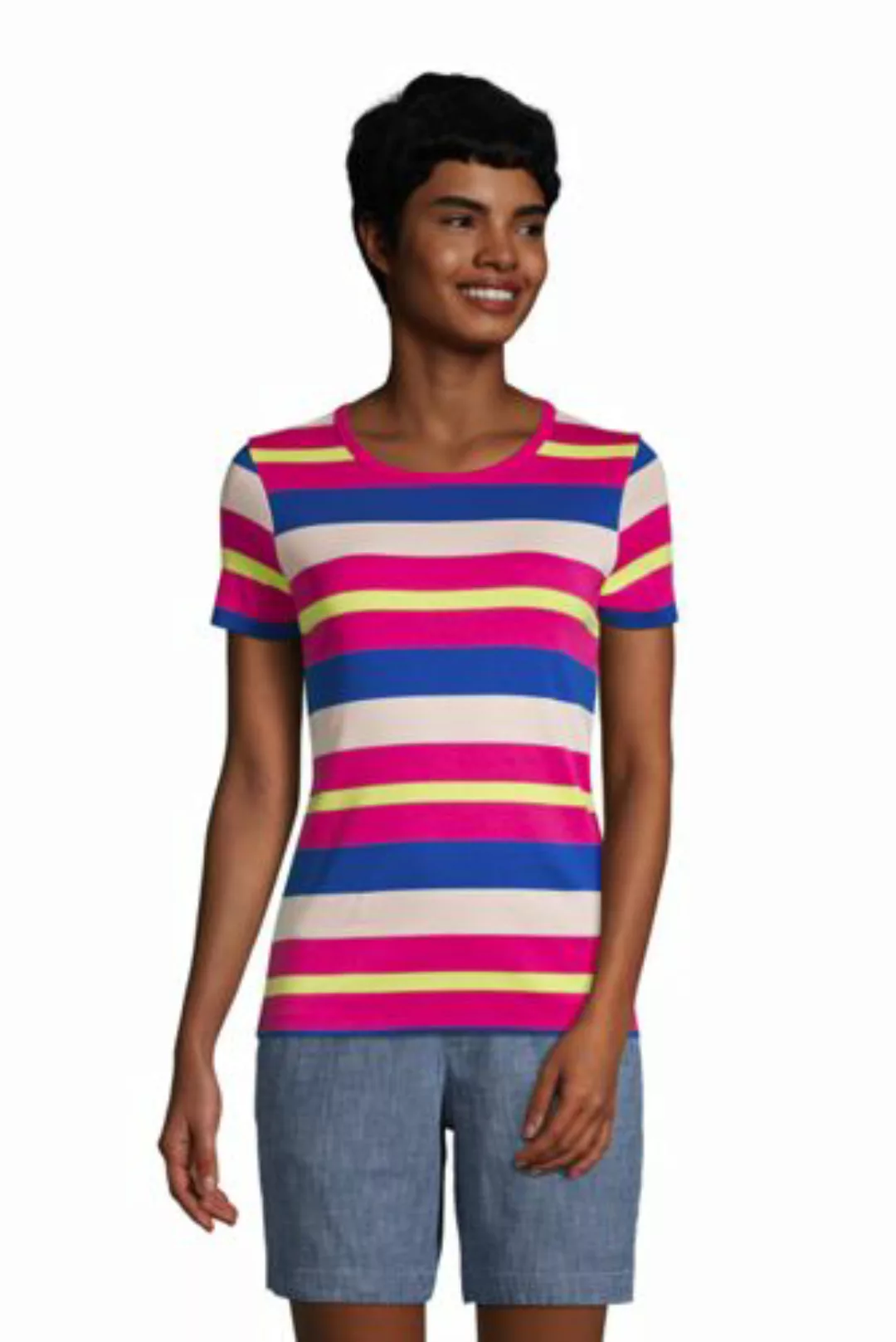 Kurzarm-Rippshirt Gestreift, Damen, Größe: XS Normal, Pink, Baumwolle, by L günstig online kaufen