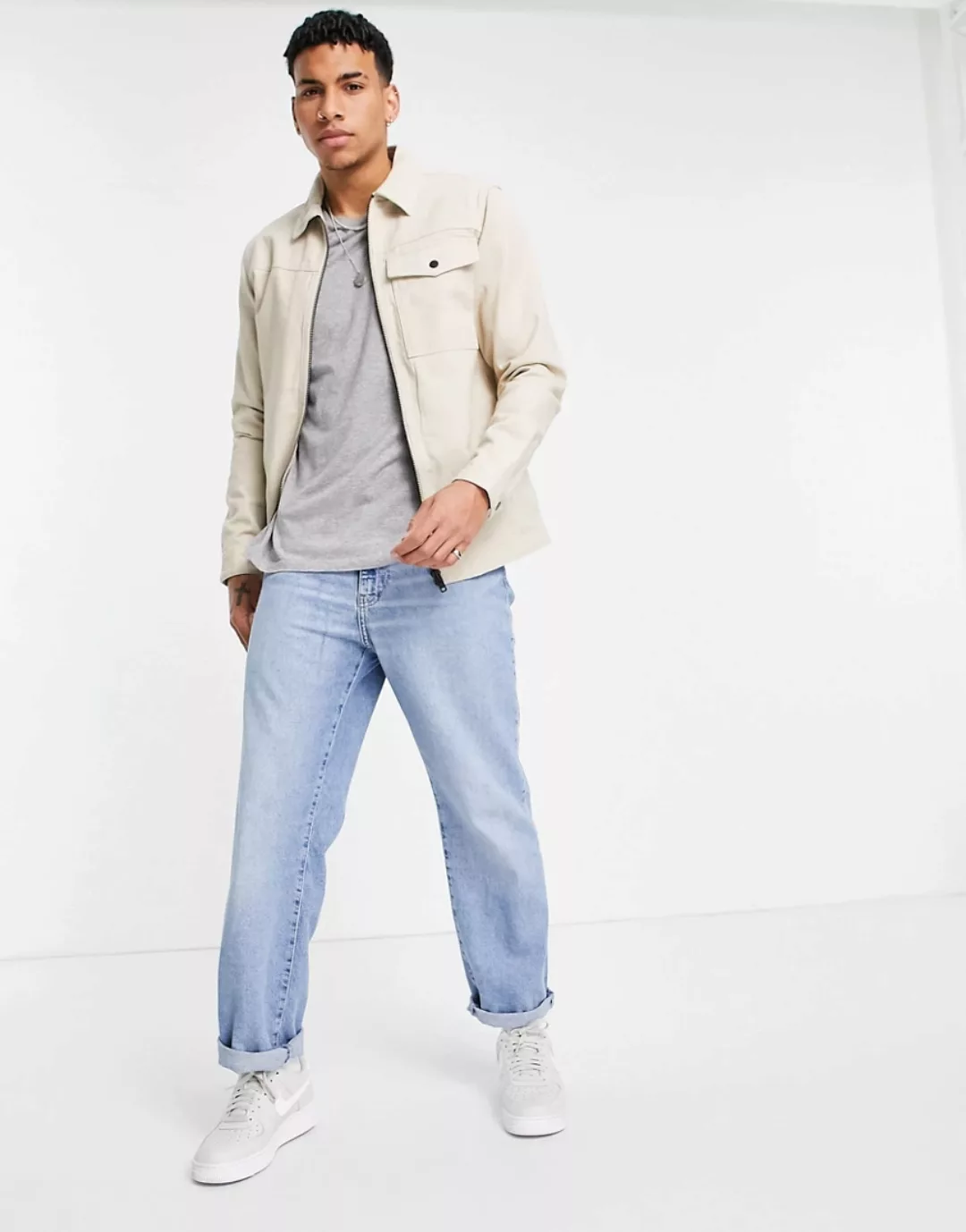 River Island – Twill-Hemdjacke in Stein-Neutral günstig online kaufen