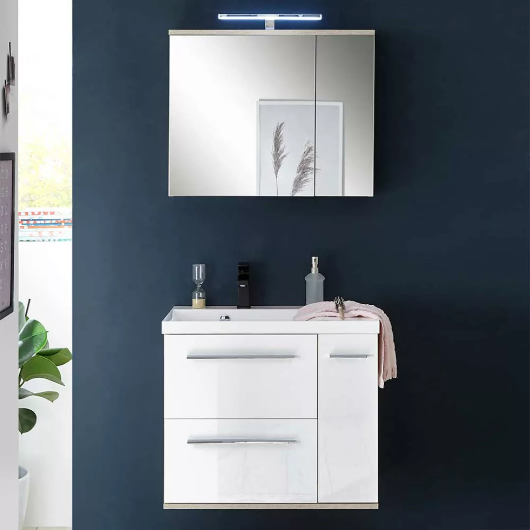 Waschplatz Set mit Spiegelschrank Weiß & Eichefarben (zweiteilig) günstig online kaufen