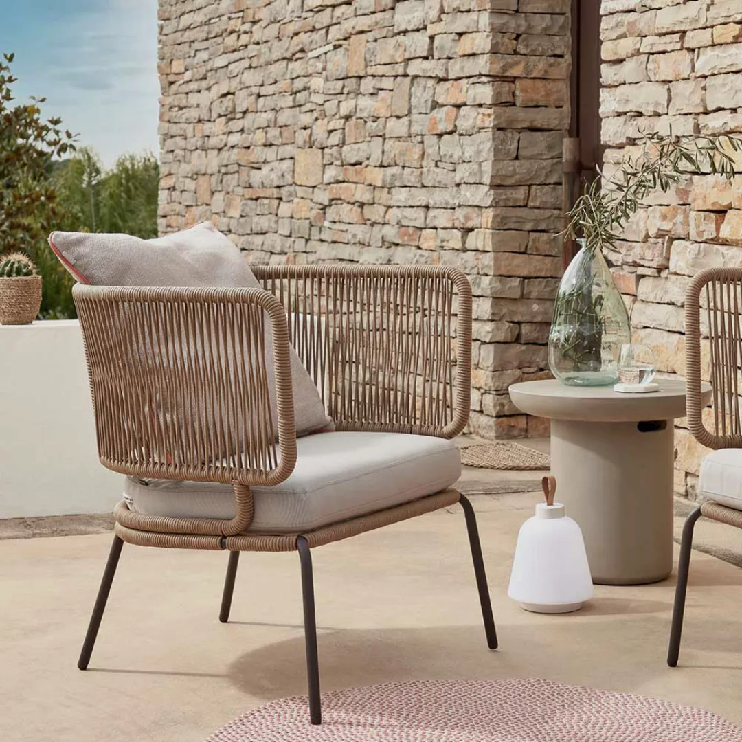 Terrassen Sessel in Beige - Weiß - Schwarz Geflecht und Metall (2er Set) günstig online kaufen