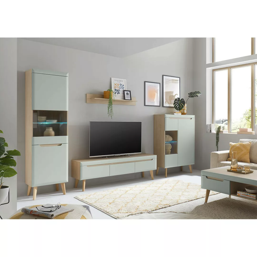 Wohnzimmer Möbel in Grün Matt mit Eiche STOCKTON-61, 5-teilig inkl. Couchti günstig online kaufen