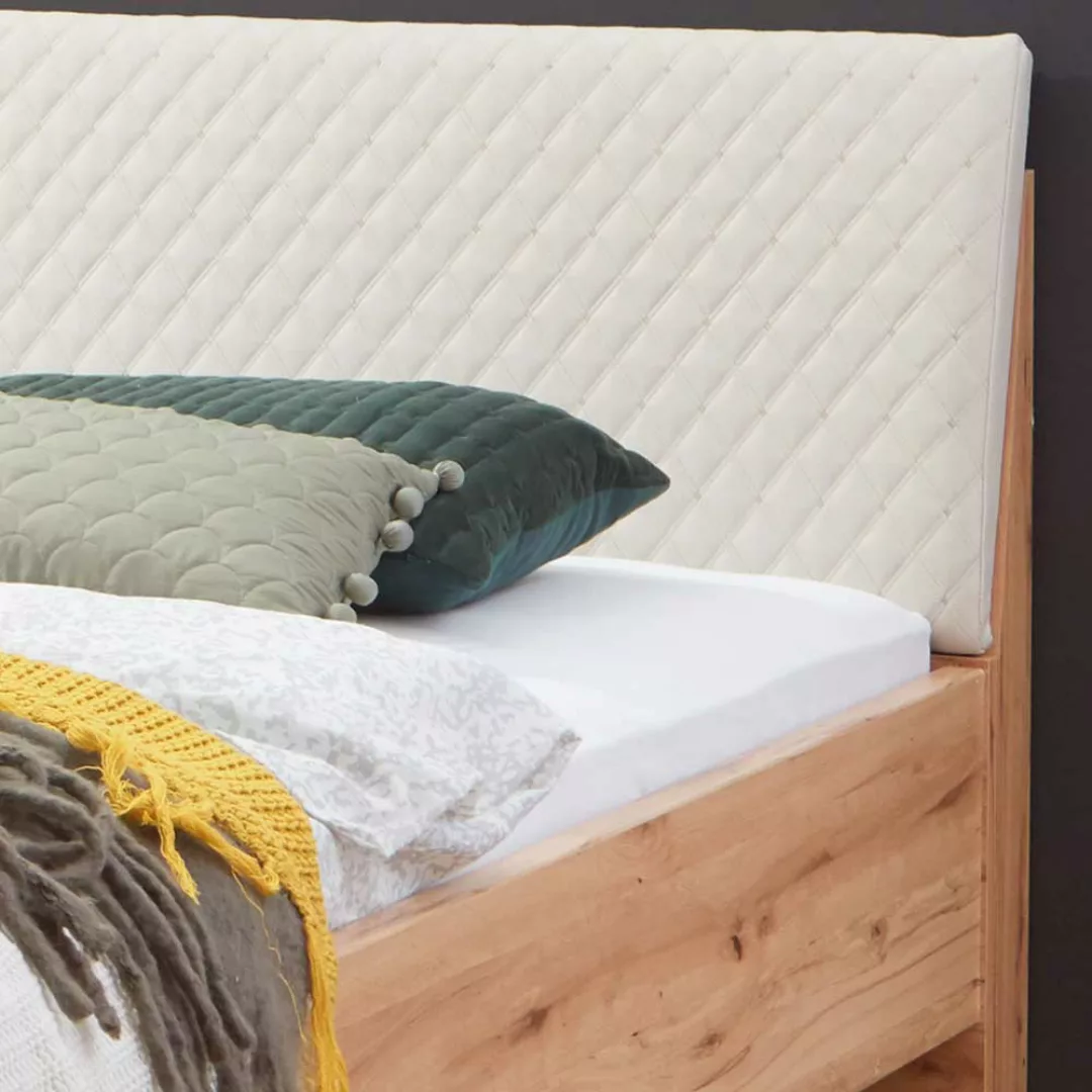 Doppelbett aus Kernbuche Massivholz Kunstleder in Beige günstig online kaufen