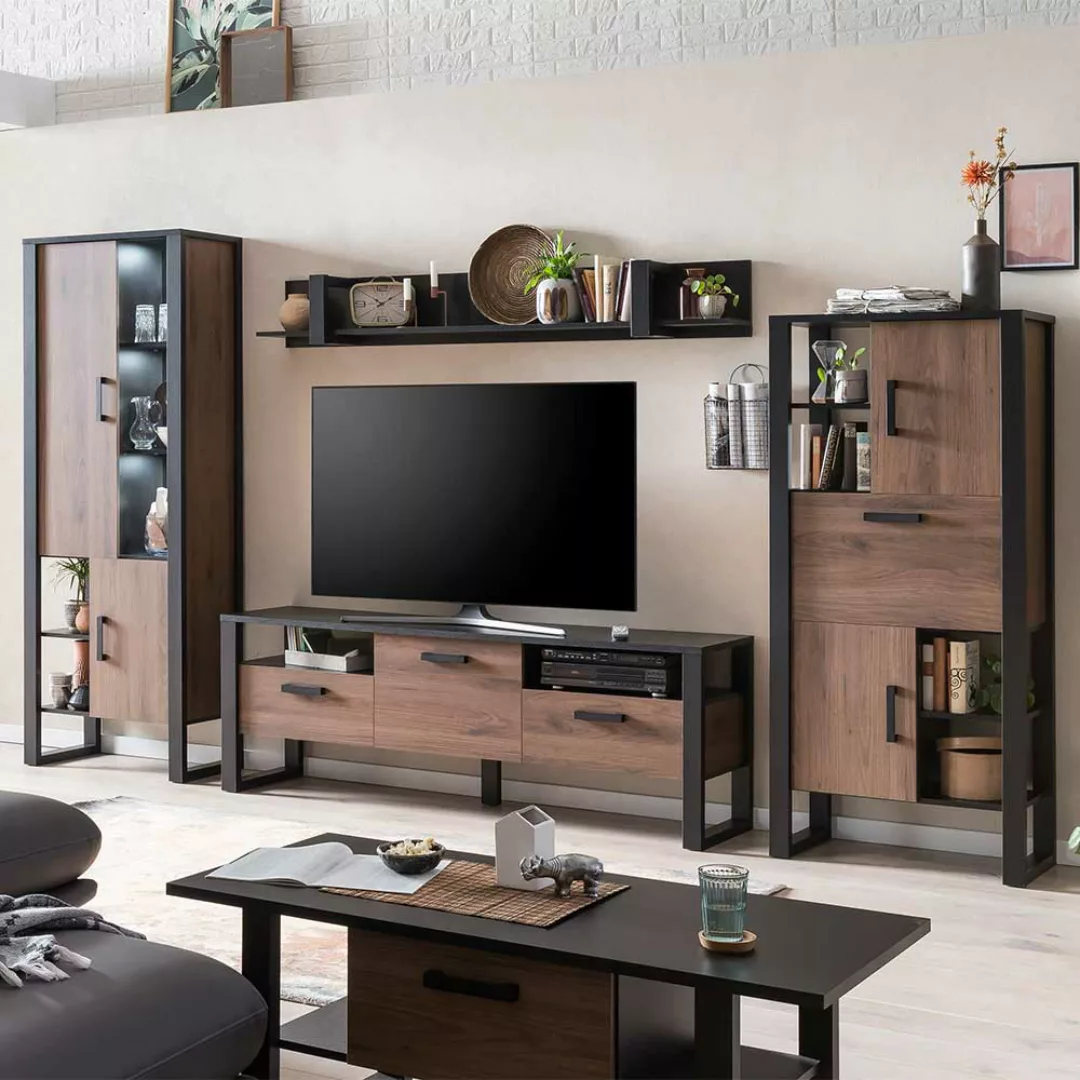 Fernseher Schrankwand in modernem Design Nussbaumfarben & Schwarz (vierteil günstig online kaufen