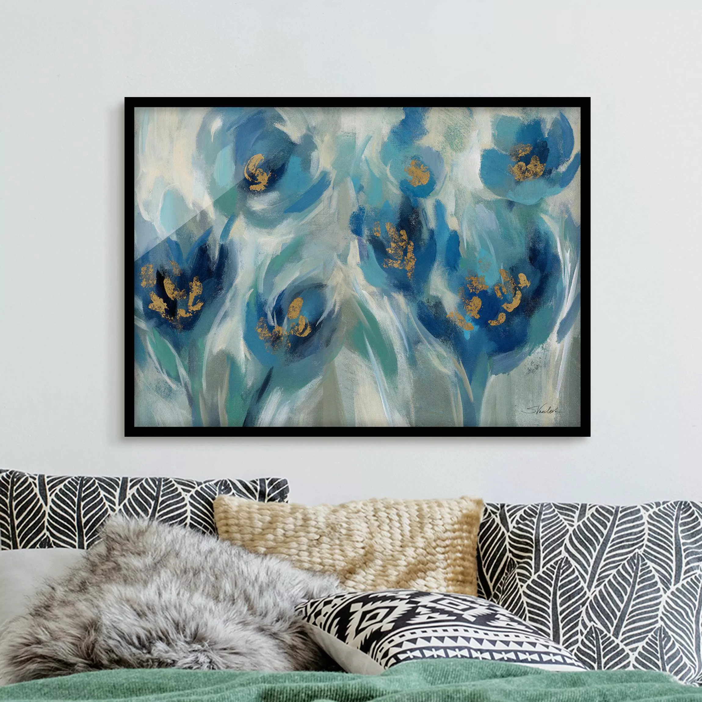 Bild mit Rahmen Blaues Märchen mit Blumen günstig online kaufen