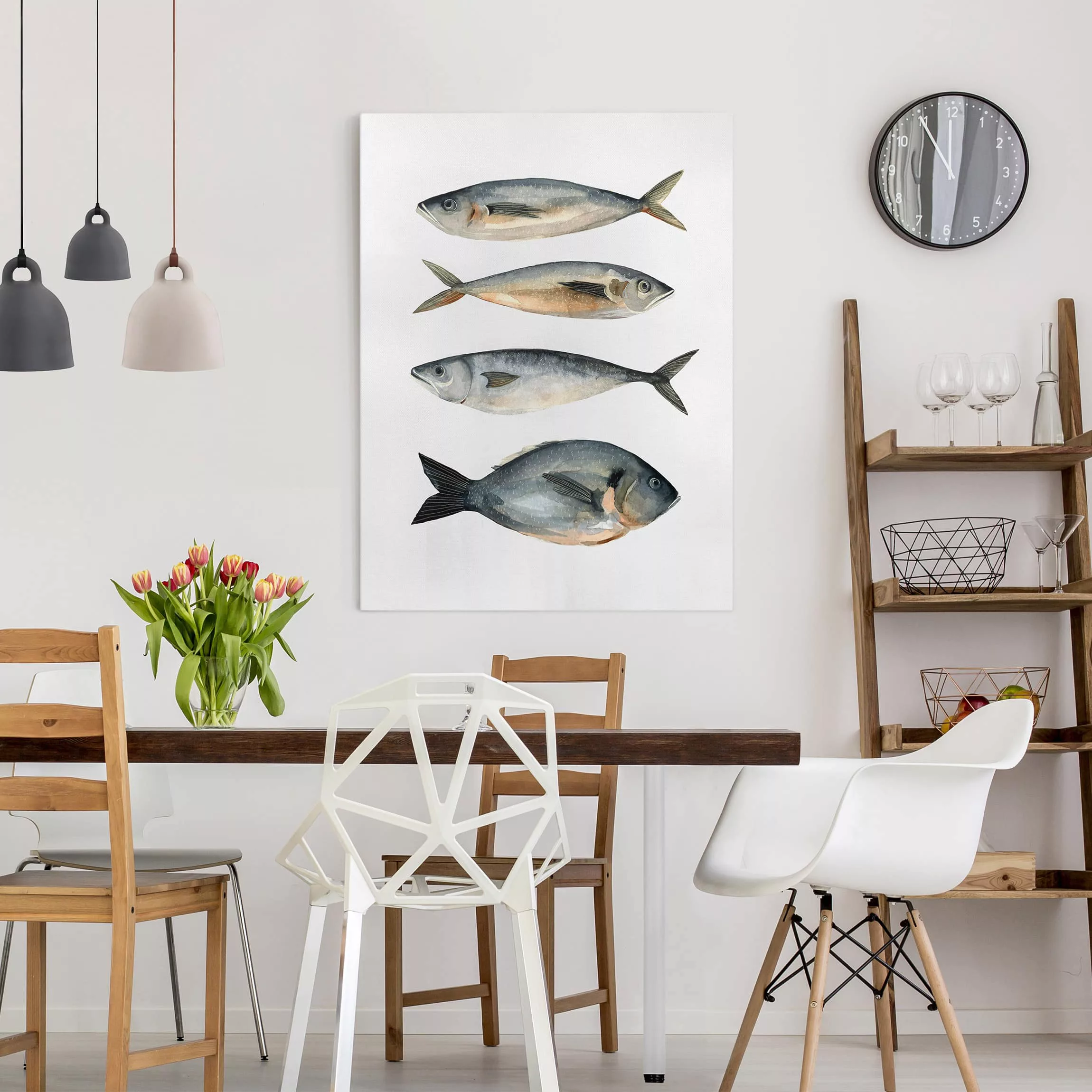 Leinwandbild Botanik - Hochformat Vier Fische in Aquarell I günstig online kaufen