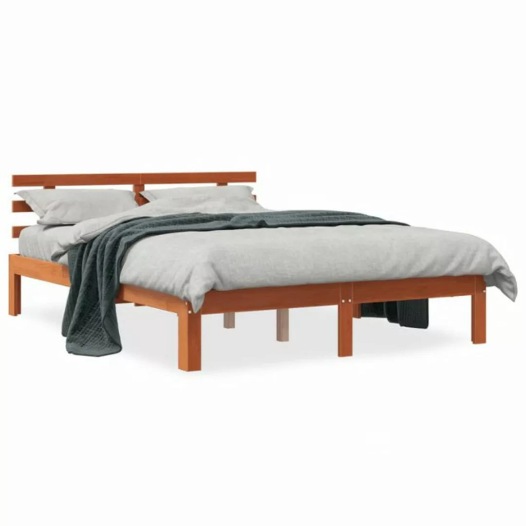 vidaXL Bettgestell, Massivholzbett mit Kopfteil Wachsbraun 135x190 cm Kiefe günstig online kaufen