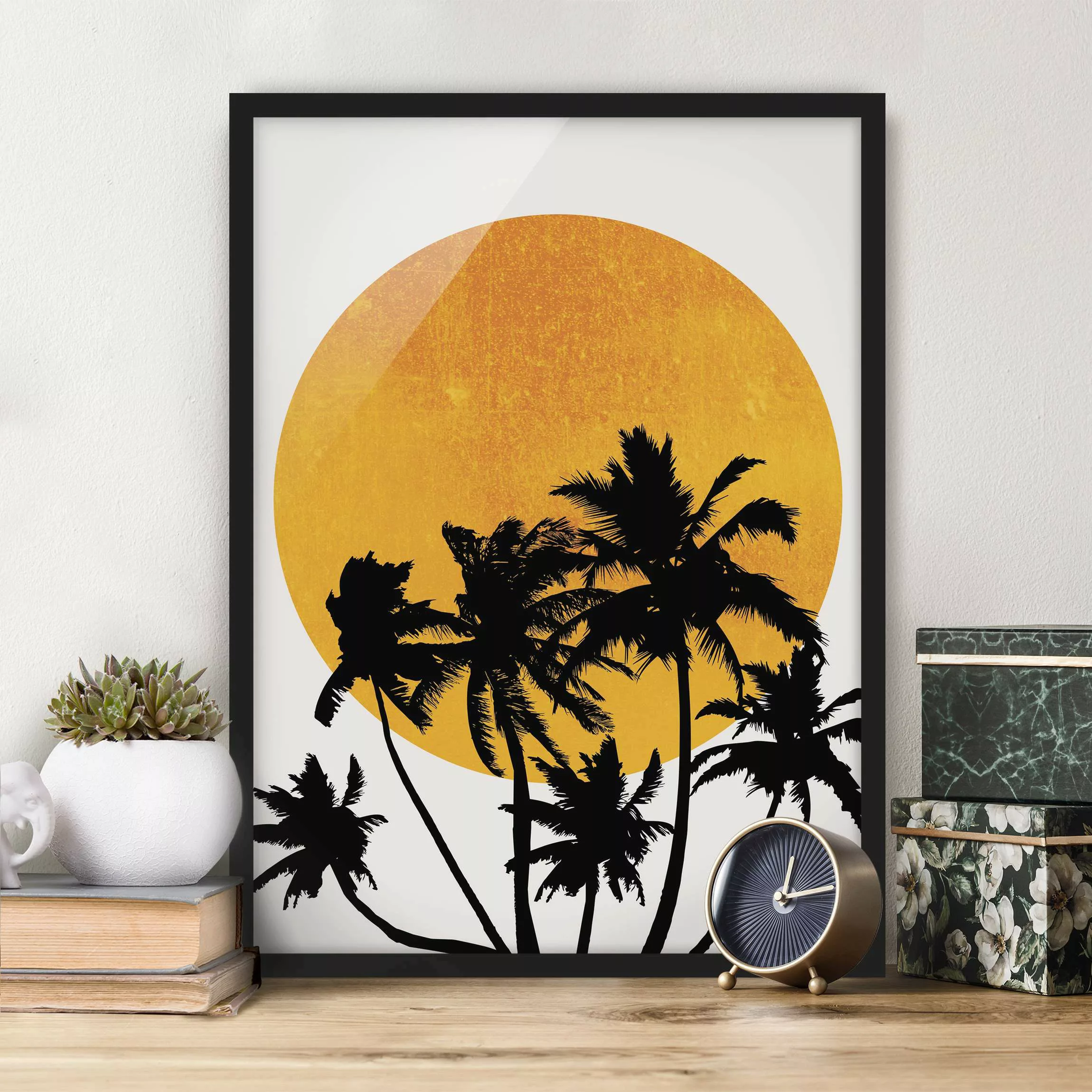 Bild mit Rahmen Palmen vor goldener Sonne günstig online kaufen