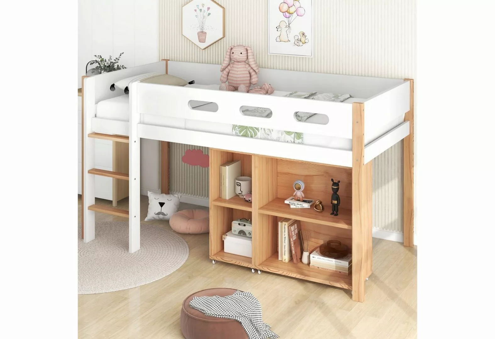 OKWISH Kinderbett mit Stauraum und beweglichem Schrank, Absturzsicherung, K günstig online kaufen