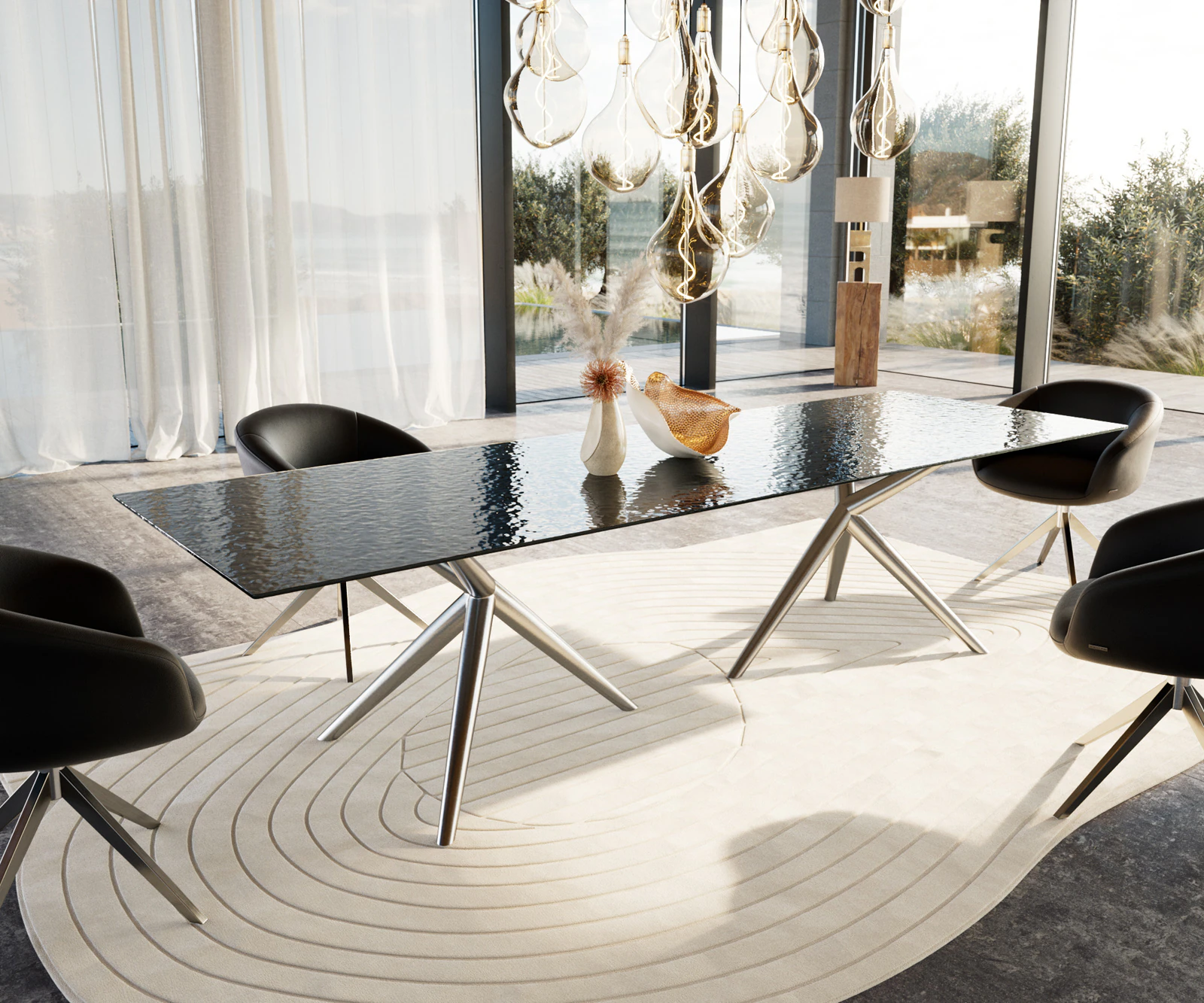 Esstisch Edge 300x100 Reliefglas Rauchschwarz 3D-Design Estelar rund Edelst günstig online kaufen